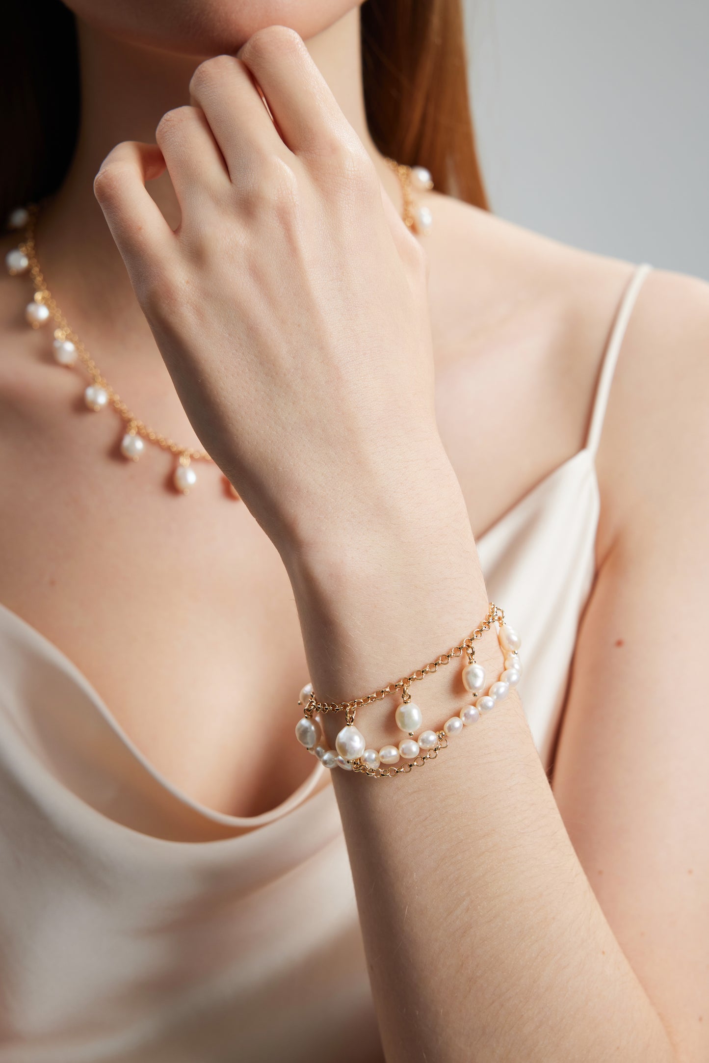 CATALYTIC Series Freshwater Baroque Pearl Bracelet ref.#010 - Button Pearl, 14K Gold-plated