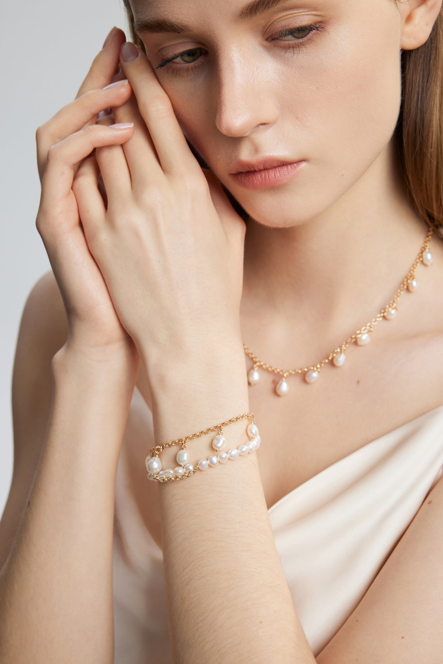 CATALYTIC Series Freshwater Baroque Pearl Bracelet ref.#010 - Button Pearl, 14K Gold-plated