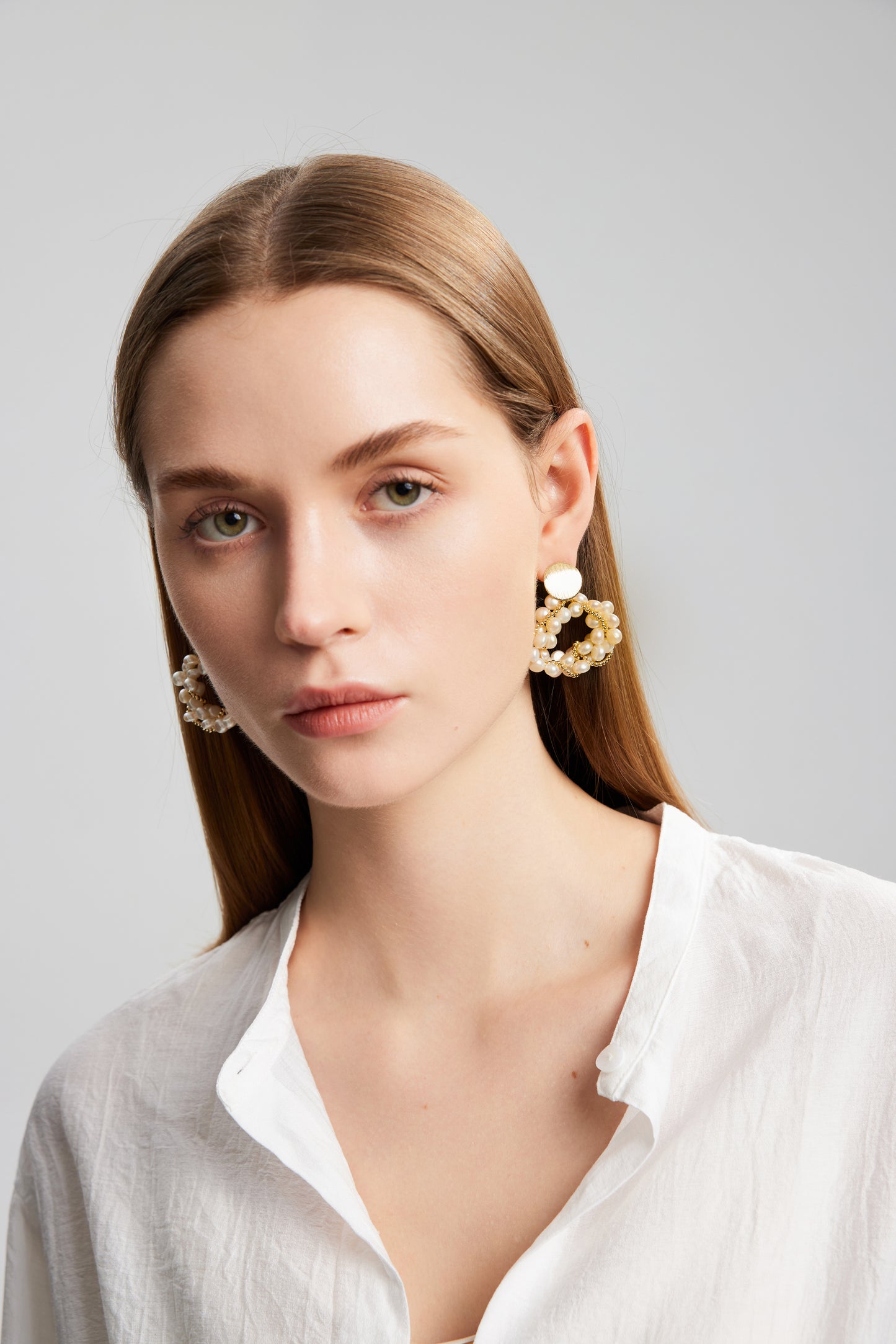 VENUSTUS Series Freshwater Baroque Pearl Earrings ref.#053 - Button Pearl, 14K Gold-plated