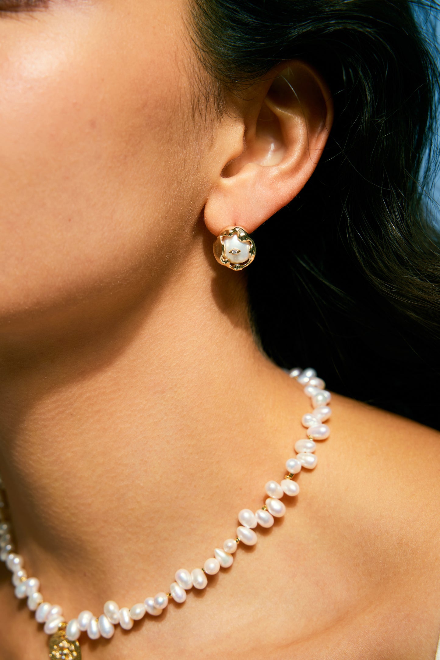 MYSTIC Series Freshwater Baroque Pearl Earrings ref.#074 - Button Pearl, 14K Gold-plated, Gemstone