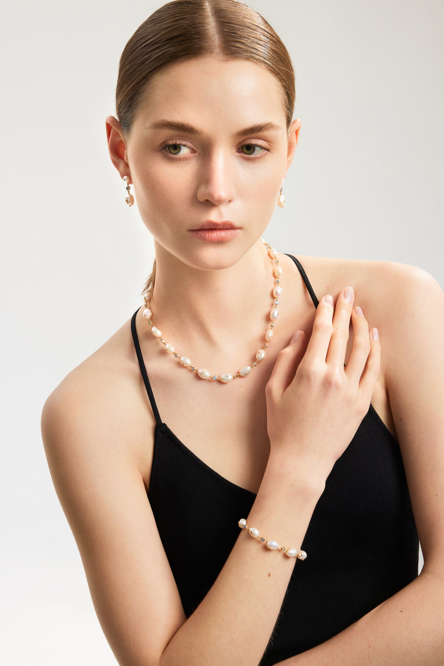 SPARKLING Series Freshwater Baroque Pearl Necklace ref.#028 - Button Pearl, 14K Gold-plated, Gemstone