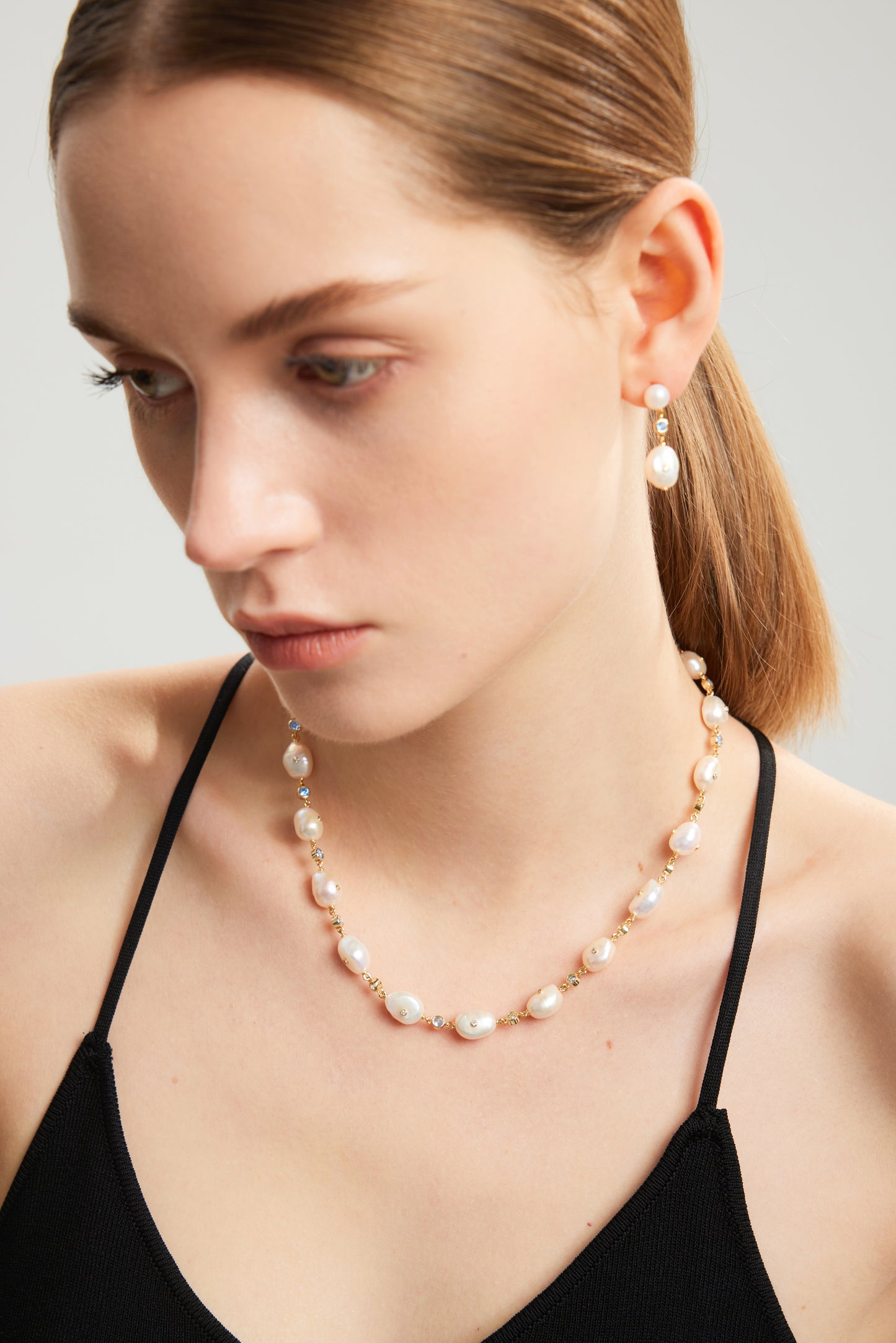 SPARKLING Series Freshwater Baroque Pearl Necklace ref.#028 - Button Pearl, 14K Gold-plated, Gemstone