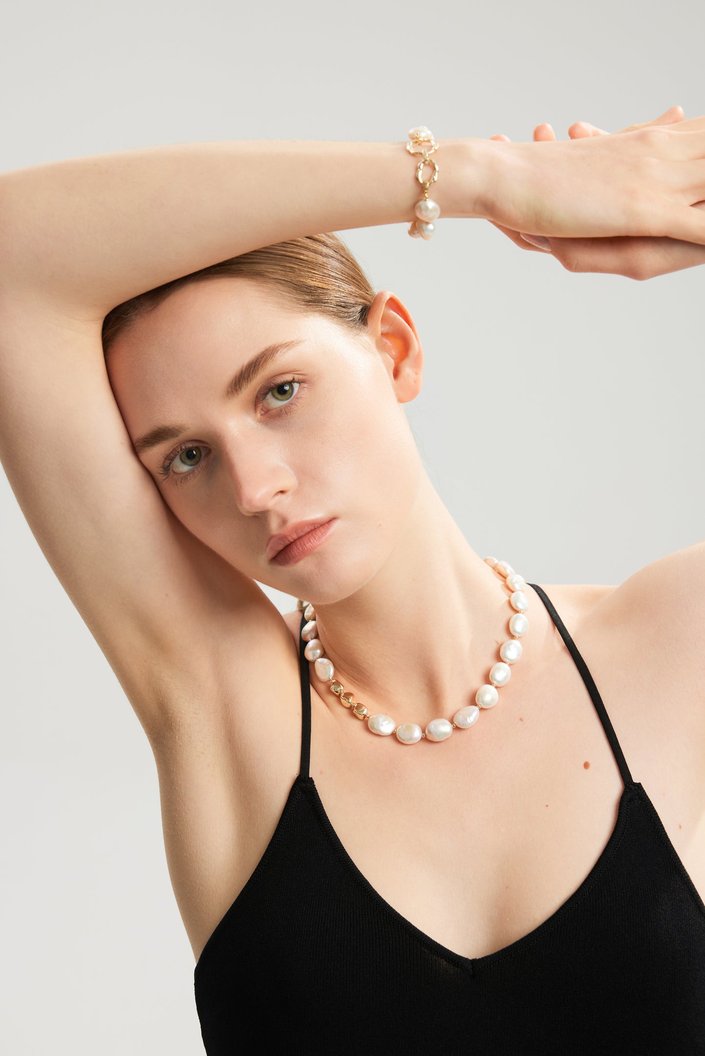 MOONLIT Series Freshwater Baroque Pearl Necklace ref.#046 - Button Pearl, 14K Gold-plated