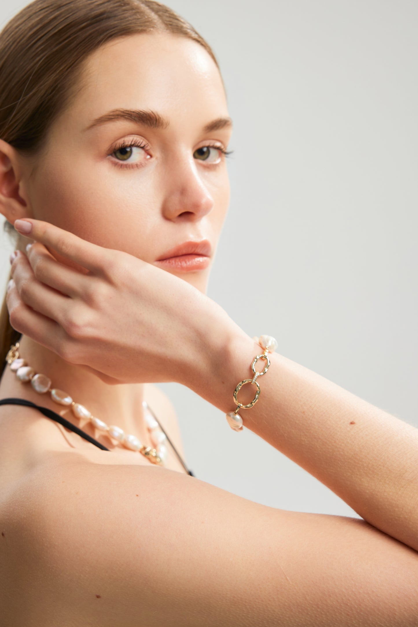 MOONLIT Series Freshwater Baroque Pearl Bracelet ref.#049 - Button Pearl, 14K Gold-plated