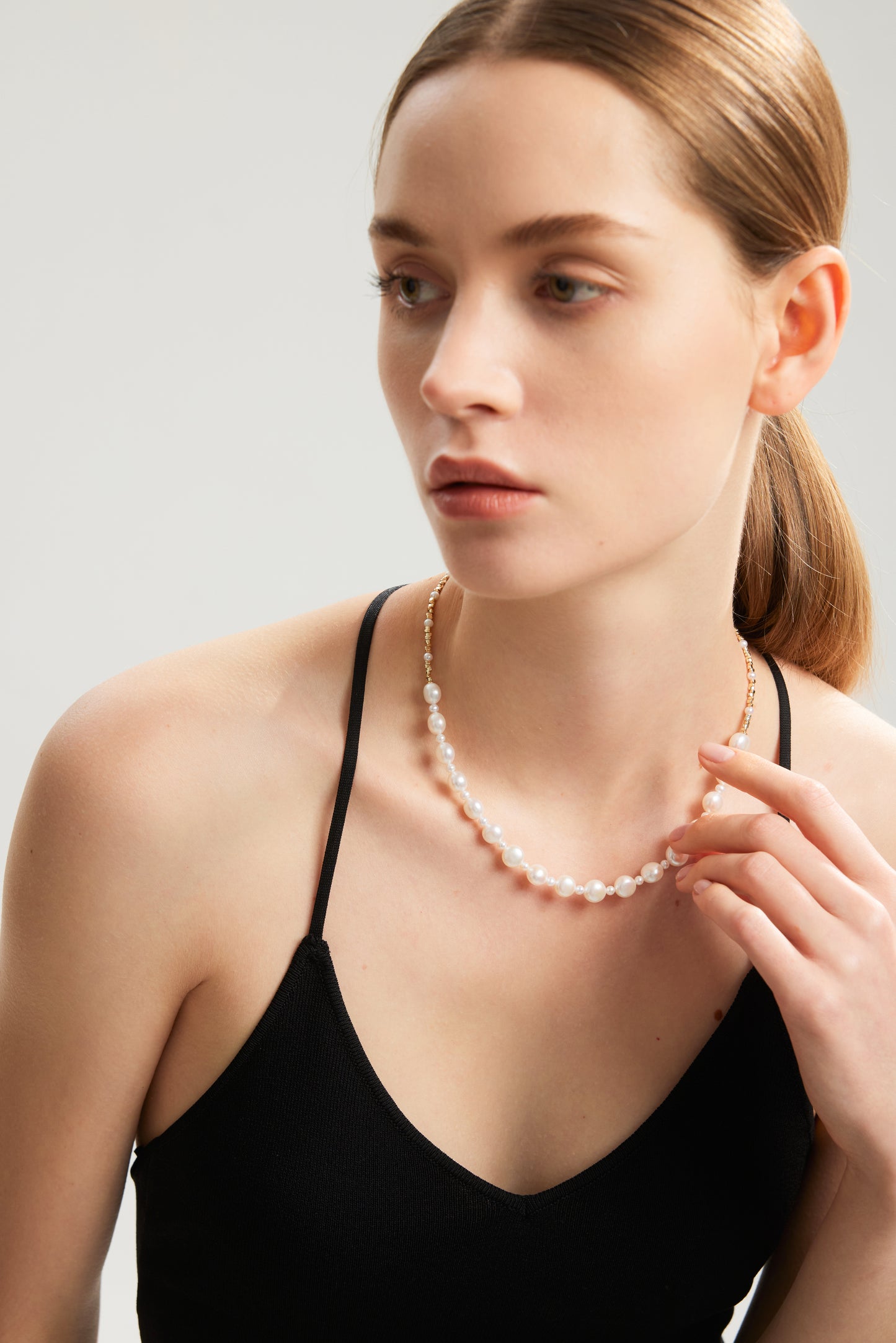 MOONLIT Series Freshwater Baroque Pearl Necklace ref.#047 - Button Pearl, 14K Gold-plated