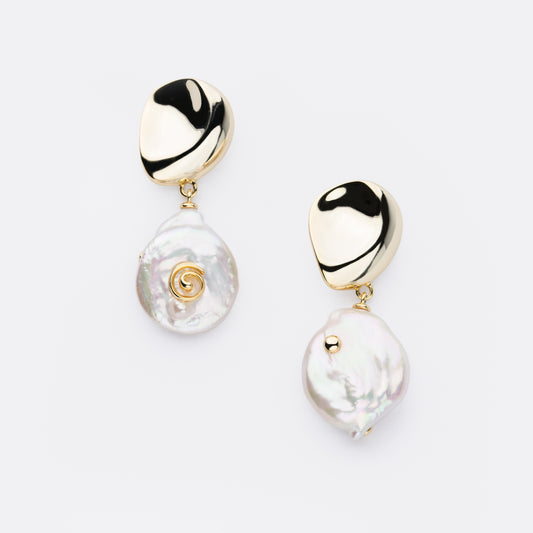 Golden Spiral Baroque Pearl Earrings